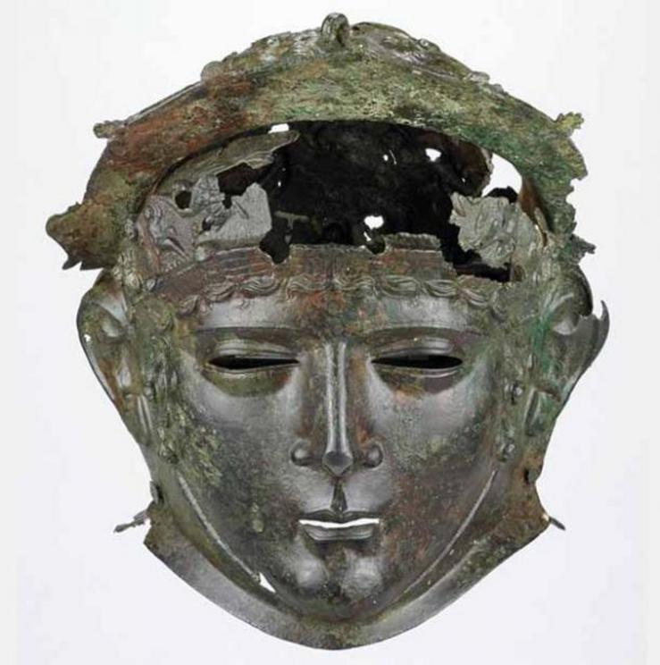 The Ribchester Helmet . Romano-British copper alloy cavalry helmet with face-mask visor (1 st – 2 nd century AD). Decorated with a scene of a skirmish between infantry and cavalry. The helmet was found in Ribchester, Lancashire, in the northwest of Englan