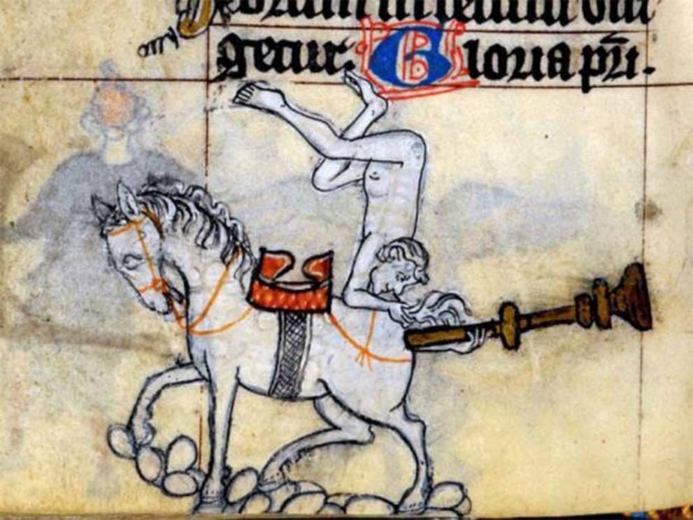 A man puts a trumpet in a horse’s rear. Unknown manuscript. 