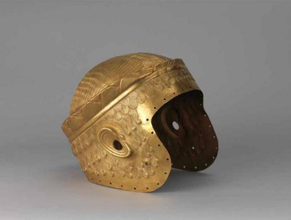 The War Helmet of Meskalamdug, the Powerful King of Kish . It was discovered in 1924 in Iraq in the Royal Cemetery at Ur. It was hammered up from a single sheet of 18 carat gold with features in relief and details engraved.