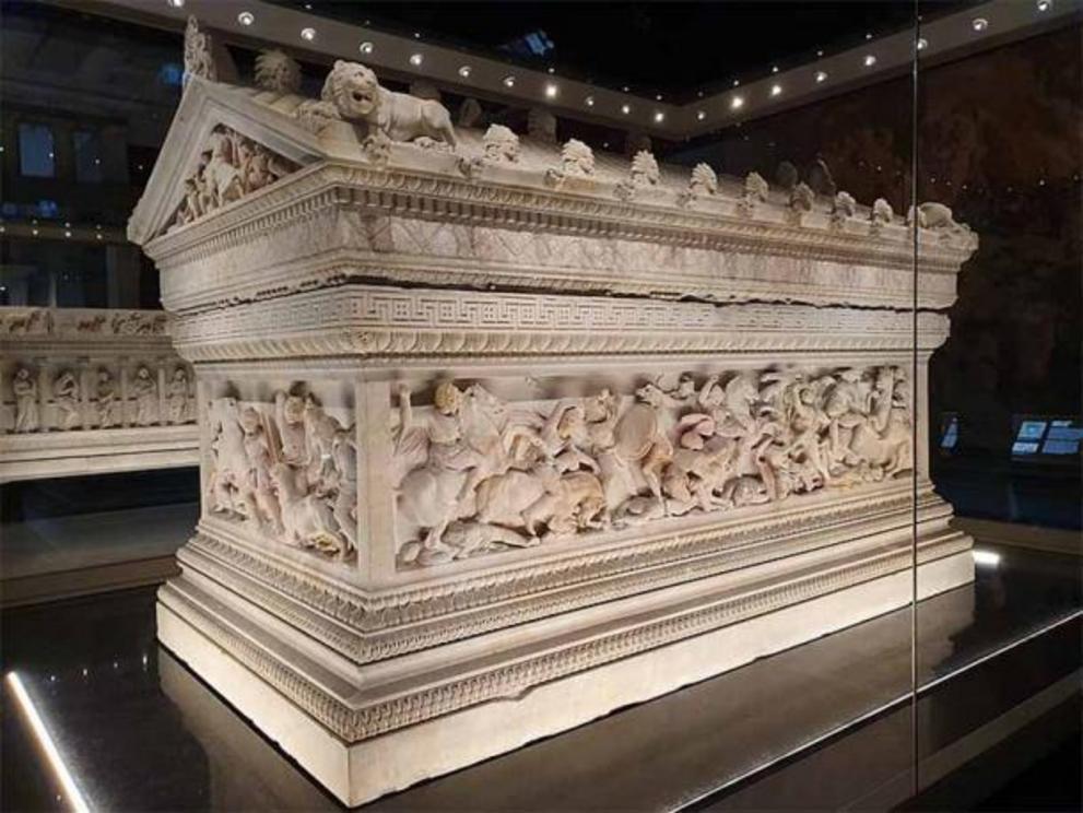 The Alexander Sarcophagus is a remarkably well-preserved, late 4th century BC Hellenistic stone sarcophagus from the necropolis near Sidon, Lebanon. It is adorned with bas-relief carvings of Alexander the Great and scrolling historical and mythological na