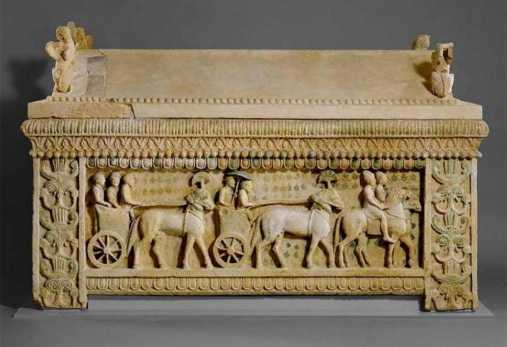 The Amathus Sarcophagus, 5th century BC. This limestone sarcophagus probably belonged to one of the kings of Amathus. It is unique among ancient Cypriot sculptures in its monumentality and in the preservation of its polychromy.