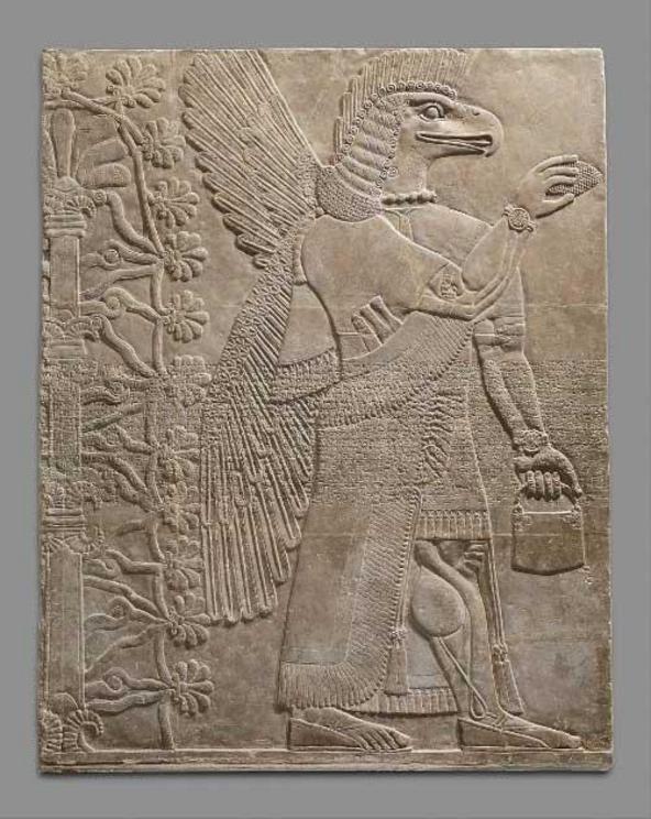 This Assyrian relief panel, 883 – 859 BC, from the Northwest Palace at Nimrud appears to depict a winged supernatural figure wearing a wrist watch . However, experts say it is a bracelet with a large central rosette symbol, associated with divinity and pe