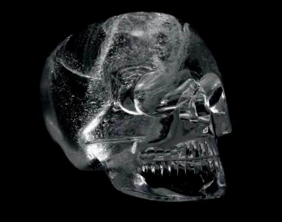 An original rock-crystal skull on display at The British Museum. Its origins are largely uncertain but the stylization of the features of the skull is in general accord Aztec of Mixtec carvings.