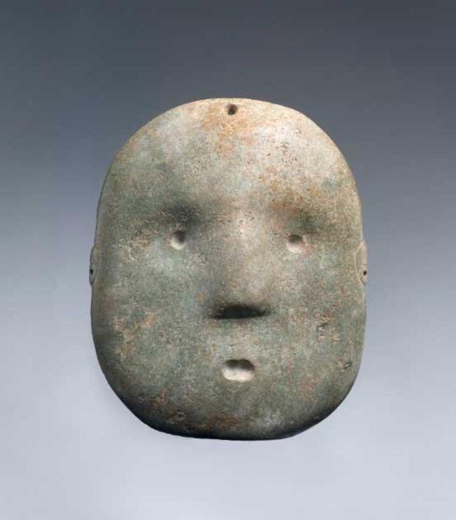 Colima funerary mask made with light green stone, 300 BC – 300 AD, Mexico