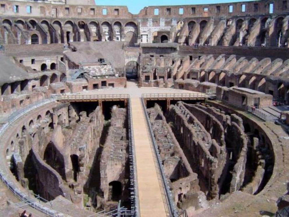 The Colosseum interior in modernity, with recently reconstructed wooden floor over the hypogeum