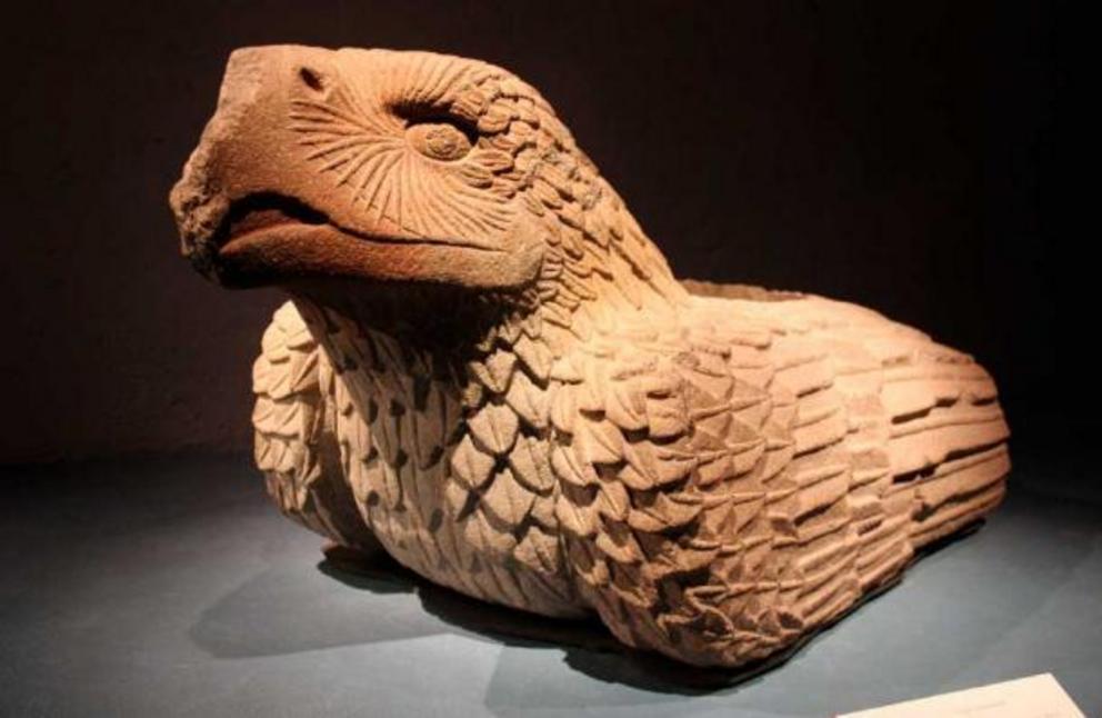 Aztec Stone Eagle, Cuauhxicalli, which has a circular cavity in its back for receiving human hearts. Templo Mayor Museum at site of Aztec Great Temple, Mexico City.