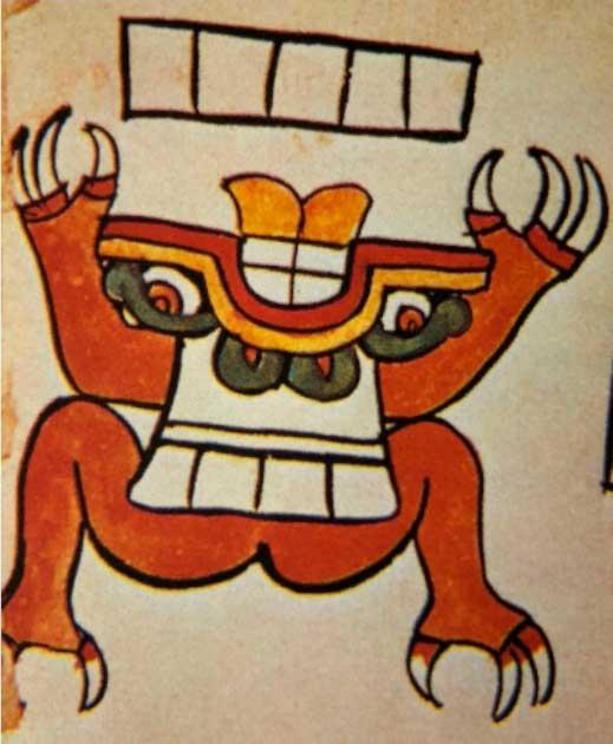 Feminine anthropomorphism of Tlaltecuhtli in the Codex Tudela (circa 1540), wearing a women's huipil tunic