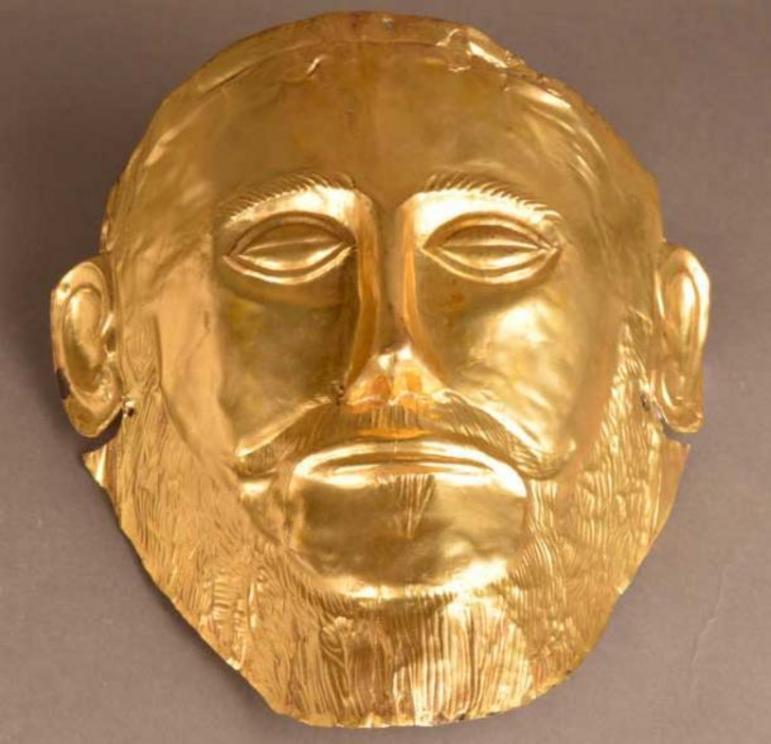 Gold death mask from Bronze Age Mycenae, 1600 BC, known as the 