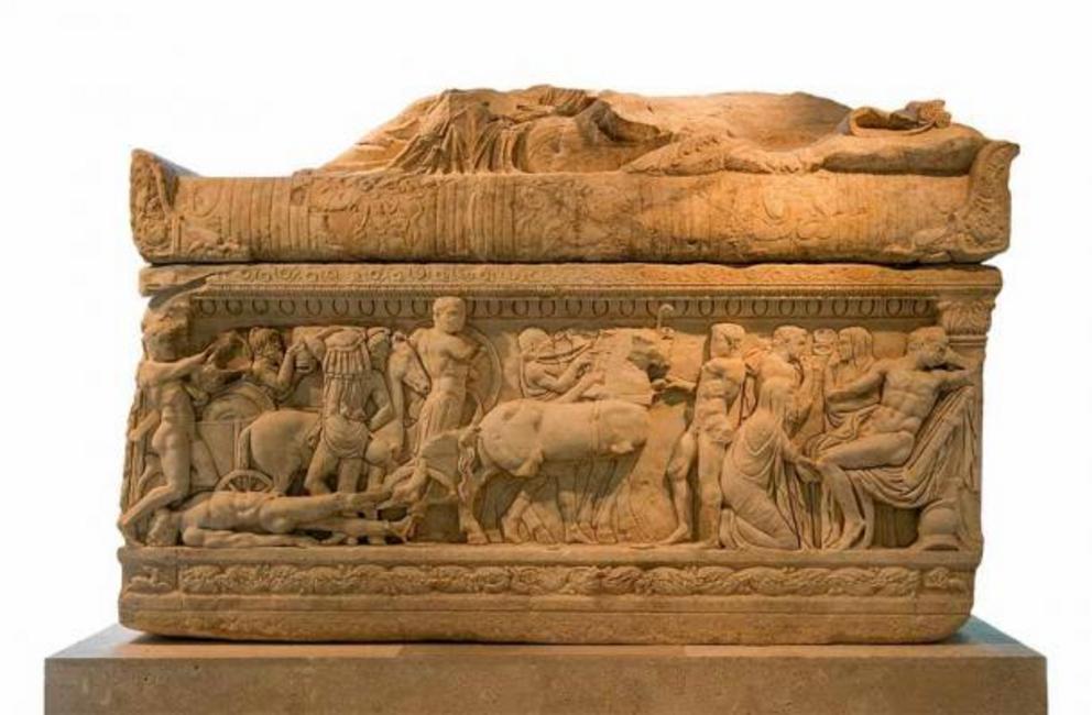 Ancient Greek sarcophagus decorated with scenes from Iliad