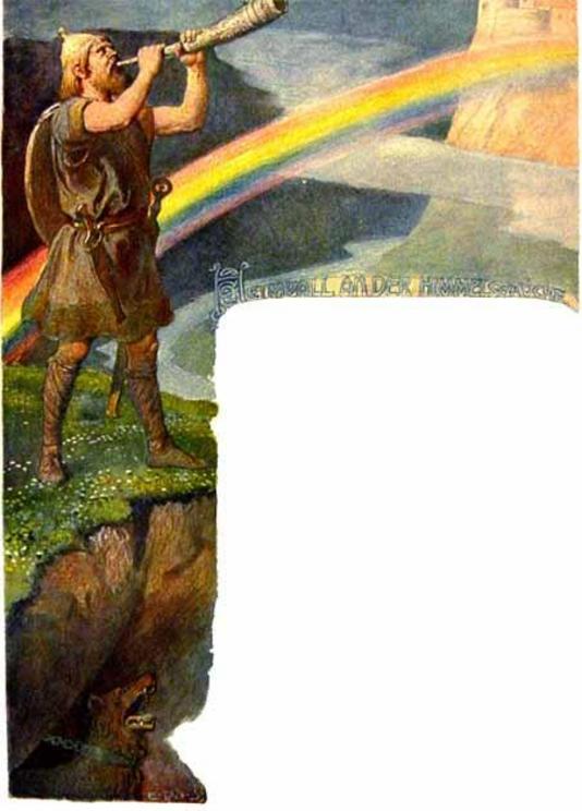 Heimdall stands by the Bifrost bridge to Asgard, blowing into Gjallarhorn, to call the gods to the battle of Ragnarok. Illustration by Emil Doepler, 1905