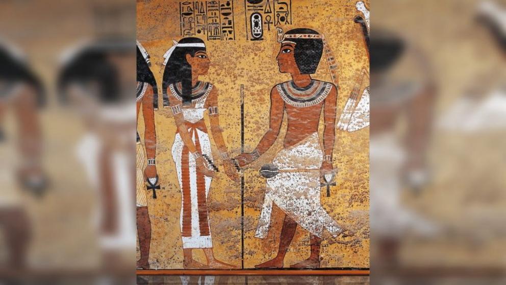 Tutankhamun and his wife, Ankhesenamun, depicted on a mural in Tut's tomb.