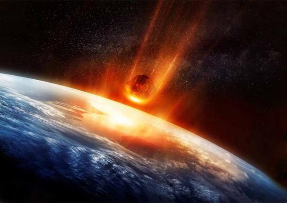 Meteor hitting earth’s atmosphere. Scientists believe that the chemical elements required for the origin of primordial life came to Earth with asteroids and comets.