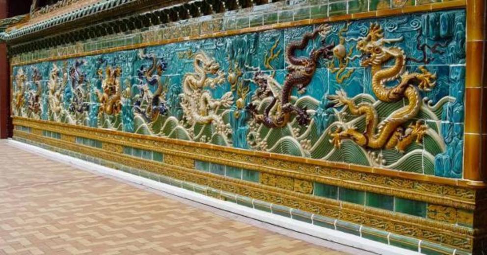 Mosaic of dragons on Chinese sarcophagus.