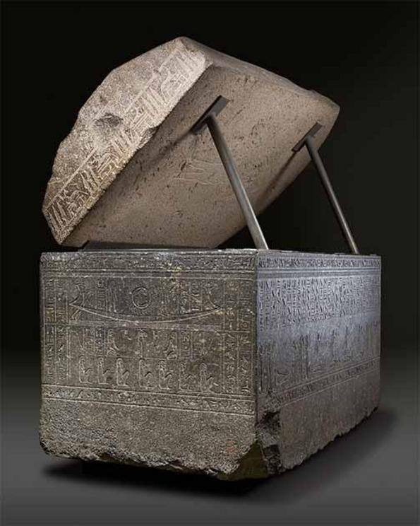 The Sarcophagus of Wennefer, 380–332 BC, is a magnificent example of an unusual type of large trapezoidal sarcophagi. The decoration, carved expertly into the hard stone, features an image of Wennefer’s ba, in the form of a human-headed bird, on the lid. 