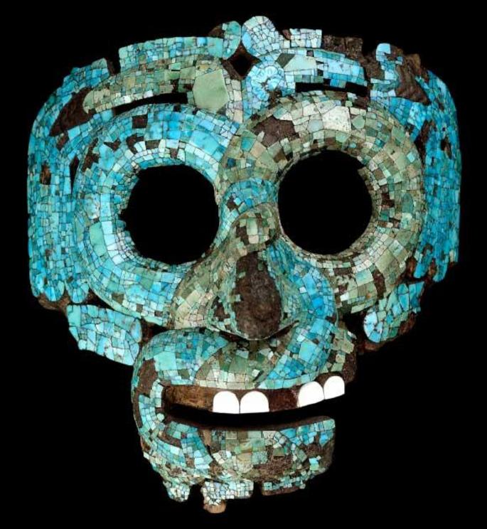 Serpent mask of Tlaloc, in the form of two intertwined and looped serpents in turquoise mosaic.