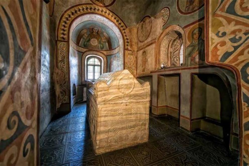 Marble Sarcophagus Tomb of Grand Prince of Kyiv Yaroslav the Wise, the Grand Prince of Kiev from 1019 AD until his death, in St. Sophia Cathedral in Kyiv, Ukraine