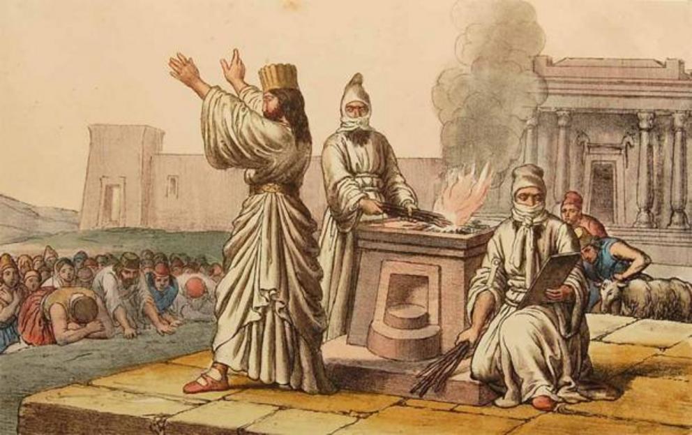 Zoroastrian priests with an external fire-altar at Persepolis