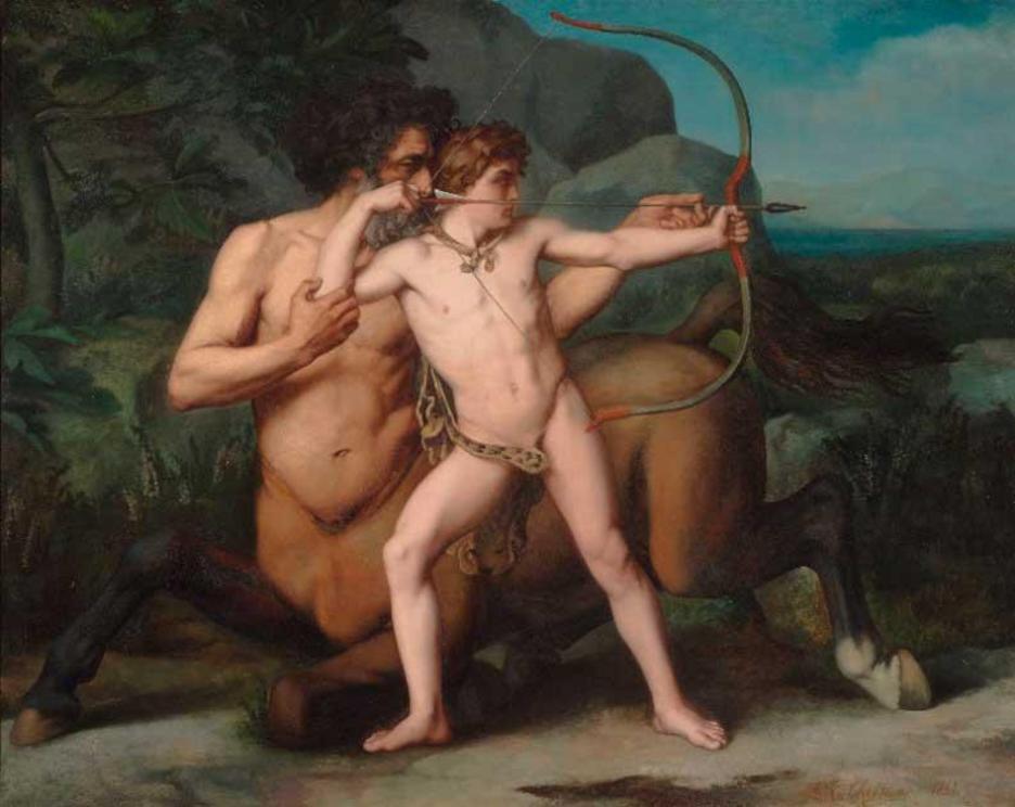 The centaur Chiron instructed several Greek heroes, including his great-grandson Achilles. The Education of Achilles, 1861 oil painting by Auguste-Clément Chrétien