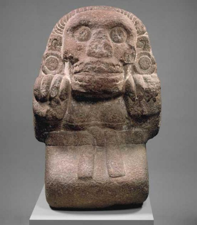 A figure of a cihuateotl, the spirit of an Aztec woman who died in childbirth. In Aztec mythology, the Cihuateteo were the malevolent spirits of women who died in childbirth. A cihuateotl was depicted as a fearsome figure with clenched, claw-like fists, m