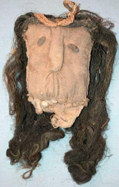 Mummy mask made with cotton, nut shells and human hair, Callao, Peru