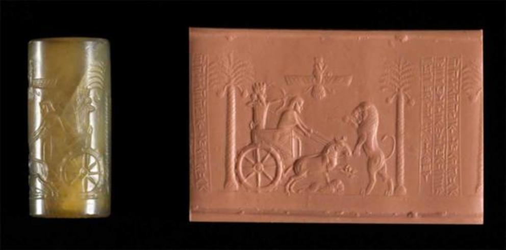 A cylinder seal of Darius I, depicting Ahura Mazda above his chariot