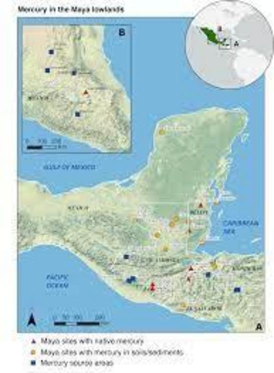 This map of Mexico and Central America shows sites where liquid mercury has been found, known geological sources, and Maya sites with elevated soil mercury.