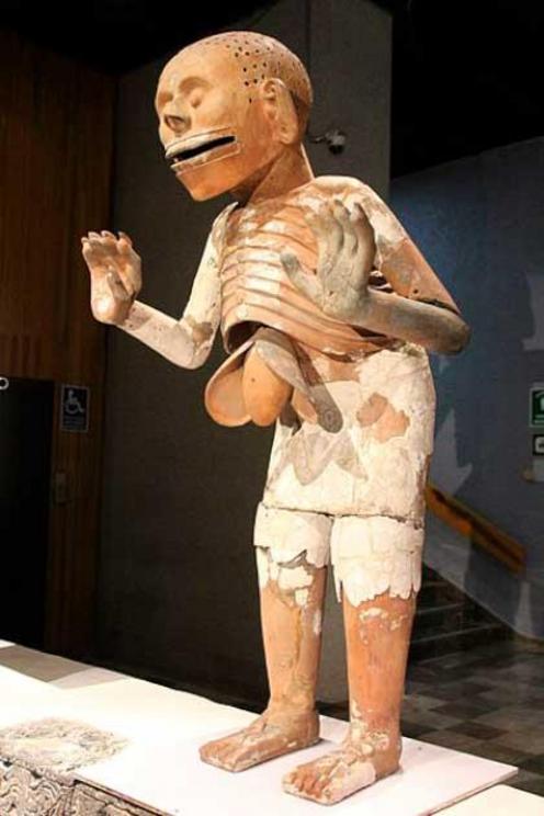During excavations at the House of Eagles at the northern end of the Great Temple of Tenochtitlan in Mexico City, archaeologists uncovered two life-size clay statues of  Mictlantecuhtli. These terrifying figures depicted the god of death and ruler of the 