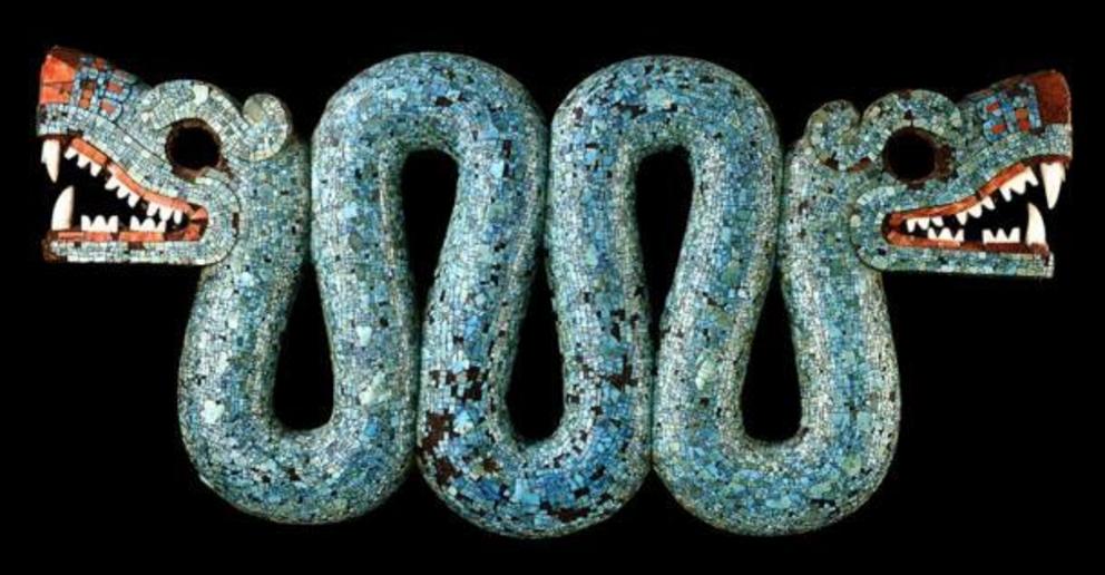 The double-headed feathered serpent was made with over 2,000 tiny pieces of highly prized turquoise. Possibly representing  Quetzalcoatl, this Aztec artifact speaks to an era when the Aztecs were on the brink of destruction.