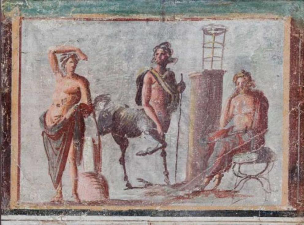 1st century AD fresco from Pompeii. Left to right: Apollo, Chiron, and Asclepius.