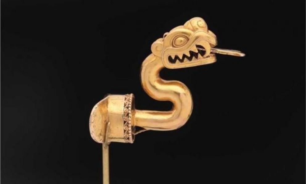 This 13th century golden serpent lip-piercing is a rare Aztec gold artifact. For the Aztecs,  gold was associated with the gods and was worn by their rulers. Known as labrets, these items were symbolic of power and the insertion of a labret through a pier