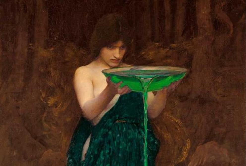Detail from an 1892 depiction of a jealous Circe, entitled Circe Invidiosa, poisoning the water where her rival Scylla bathed and turning her into a monster, by John William Waterhouse.