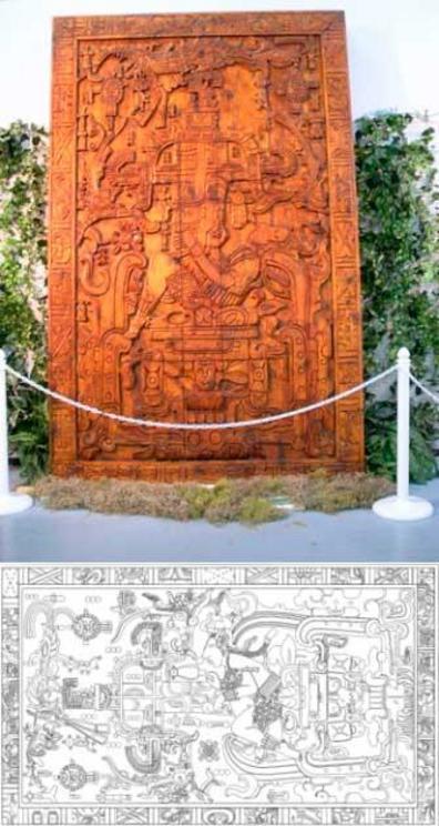 The magnificent sarcophagus lid of Maya ruler Pakal the Great in Palenque, Mexico.  Sideways it looks like Pakal is operating a complex series of controls in a spaceship. Historians say it shows a series of Maya symbols, including the king descending into