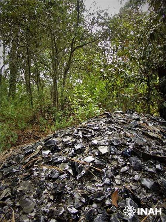 Heap of surplus obsidian that came from a rich source of obsidian mine shafts in the Sierra de las Navajas mountains of Central Mexico.