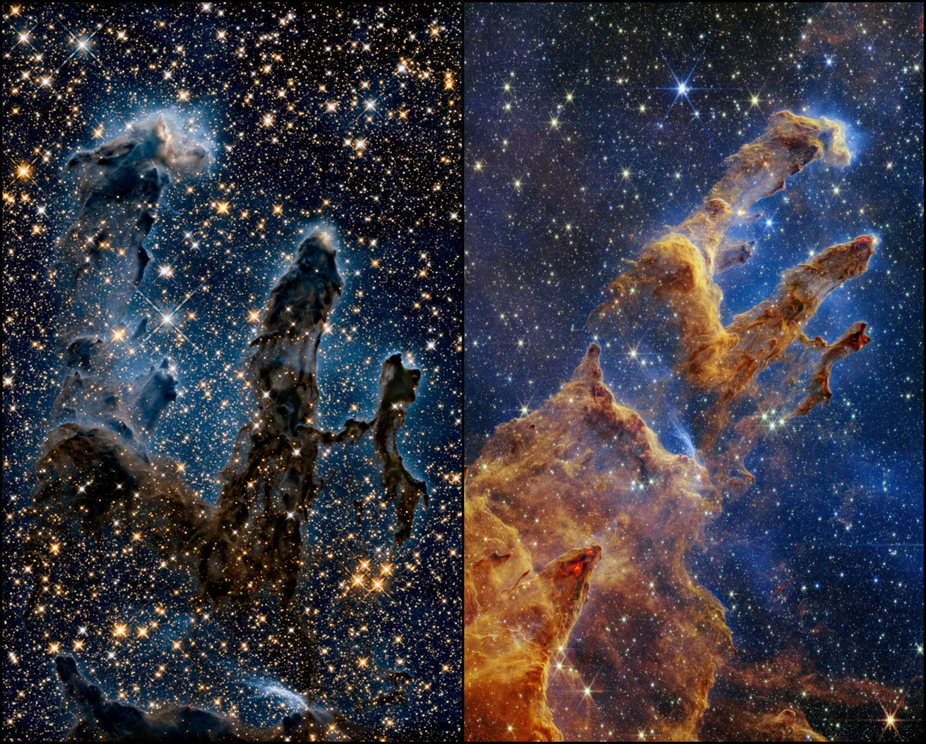 Hubble's infrared image of the Pillars (left) and JWST's new view (right).