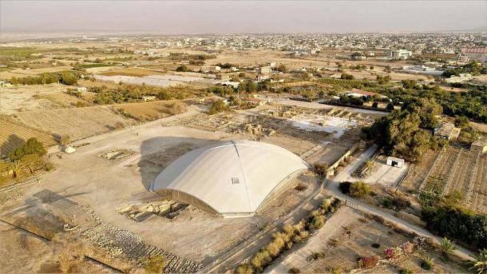 A large portion of Khirbat Al Mafjar , or Hisham’s Palace, has been covered by a dome to aid preservation and restoration