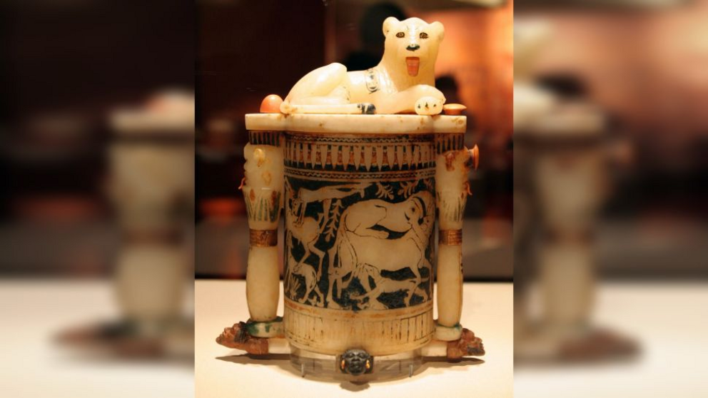 A jar topped with a lion found in Tut's tomb in the Valley of the Kings.
