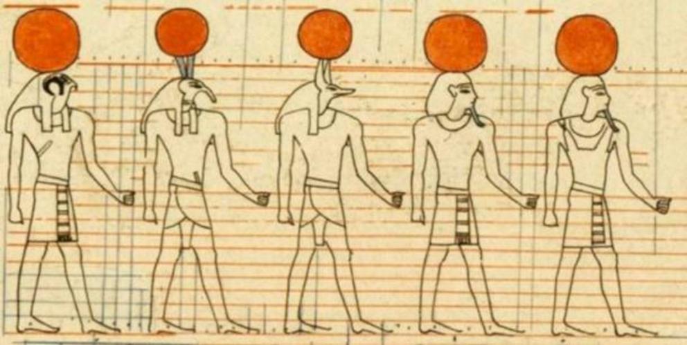 A detail of the Astronomical Ceiling, Tomb of Senenmut (TT 353), facsimile drawing by Charles Wilkinson, now in the MET, New York. The ceiling is unfinished, and the grid for body proportions is still visible overlain on the gods.
