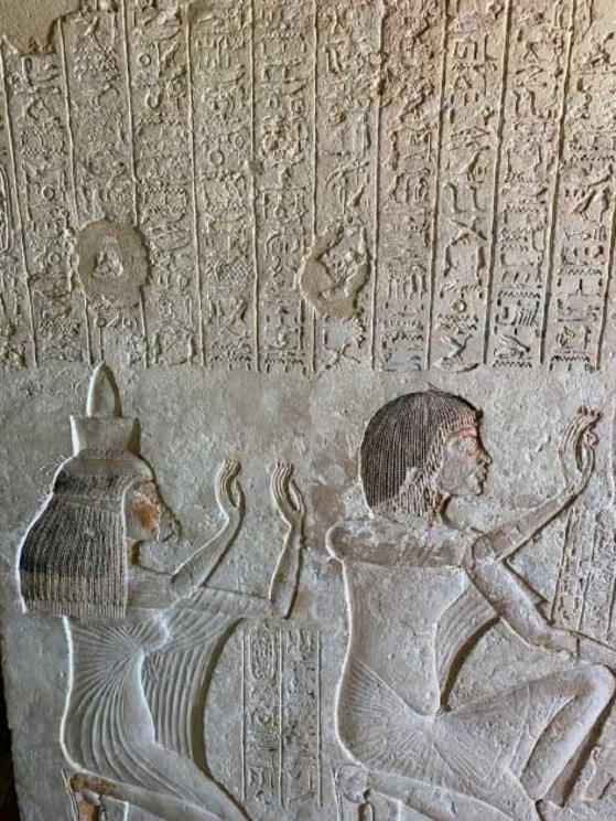 A depiction of Aye and his wife Tey, above which is inscribed the famous Hymn to the Aten. Tomb of Aye, #25, Amarna, Egypt. In this ground-breaking hymn, written by Akhenaten, the Aten assumes the role previously held in Egyptian myth by Osiris: “You (Ate