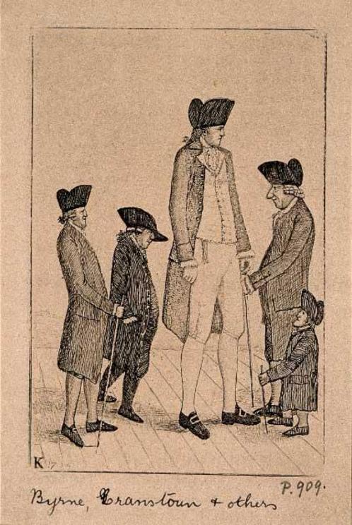 Charles Byrne, a giant, George Cranstoun, a dwarf, and three others. Etching, J. Kay