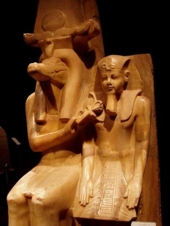 Detail of the sculpture of the crocodile-headed God Sobek and Pharaoh Amenhotep III from the 18th Dynasty, 1550-1292 BC