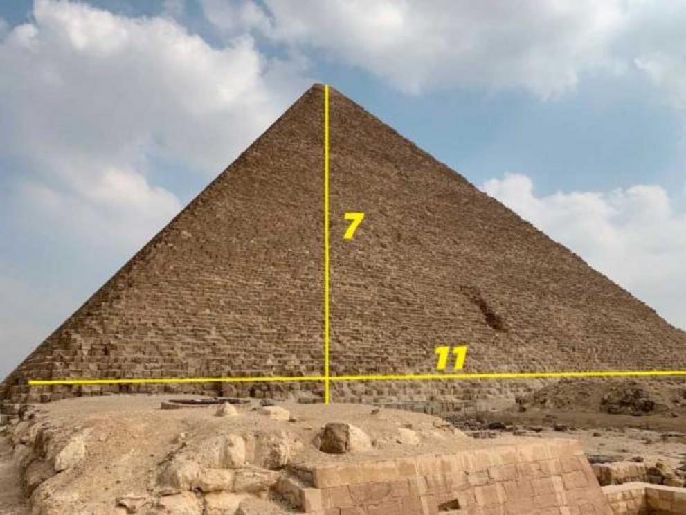 The Great Pyramid, south face. The Great Pyramid incorporated the numbers seven, eleven, fourteen and eighteen, as well as pi and the Golden Ratio.