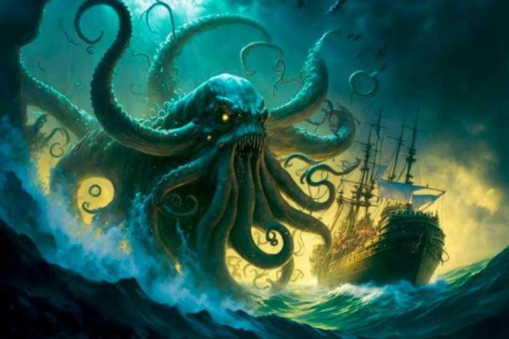 A Kraken, a giant mythical creature from Scandinavian folklore, attacking a ship.