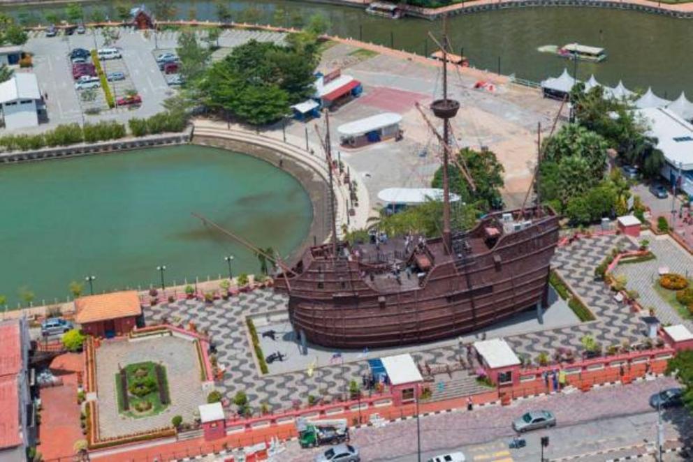 Like other famous lost shipwrecks, a replica of the Flor de Mar is on display near the site of its loss. The views of the city seen from the Taming Sari Tower. Malacca City, Malacca, Malaysia.