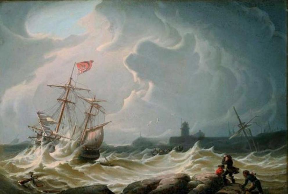 The Merchant Royal Ship sank in a storm off the coast of Cornwall. 1828 painting Ship in a Storm by Robert Salmon.