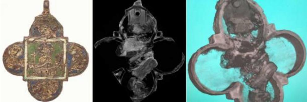 Neutron tomography shows the interior of the medieval reliquary pendant. It has been discovered to contain possible bone relics of a saint.