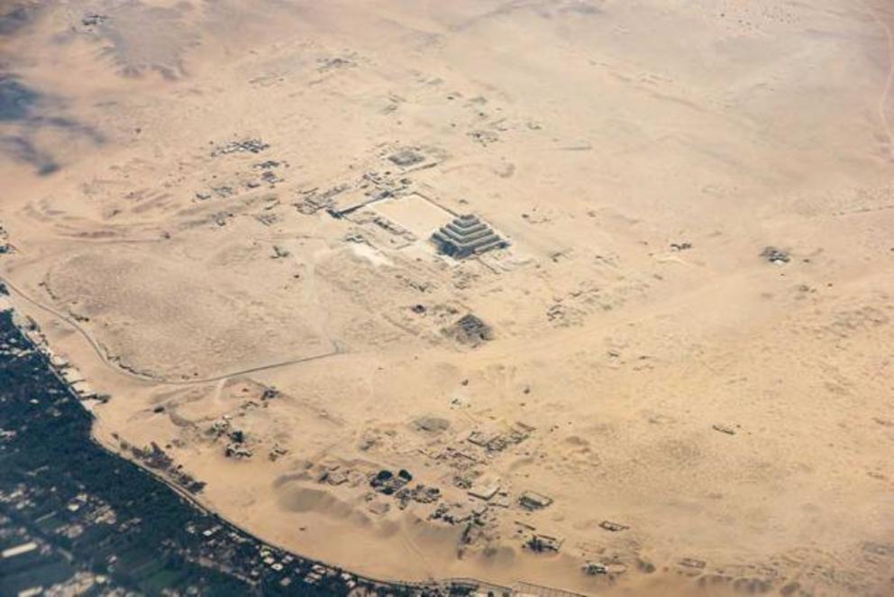 Part of the Saqqara necropolis near Cairo, as seen from the air. The papyrus was discovered within one of 250 caskets discovered at the Saqqara site.