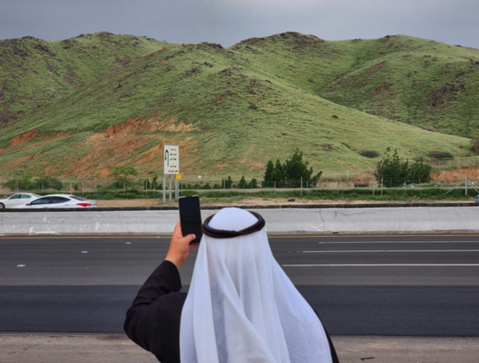 People excitedly take photos of the green phenomenon taking shape across the Gulf nation's deserts Credit: Getty