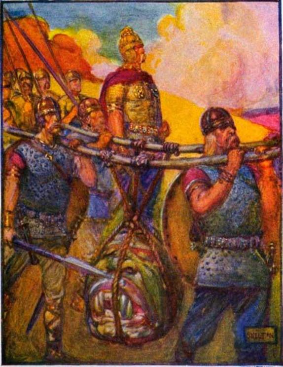 Vikings carrying the head of Grendel, the beast that attacked the feasting hall in Beowulf.