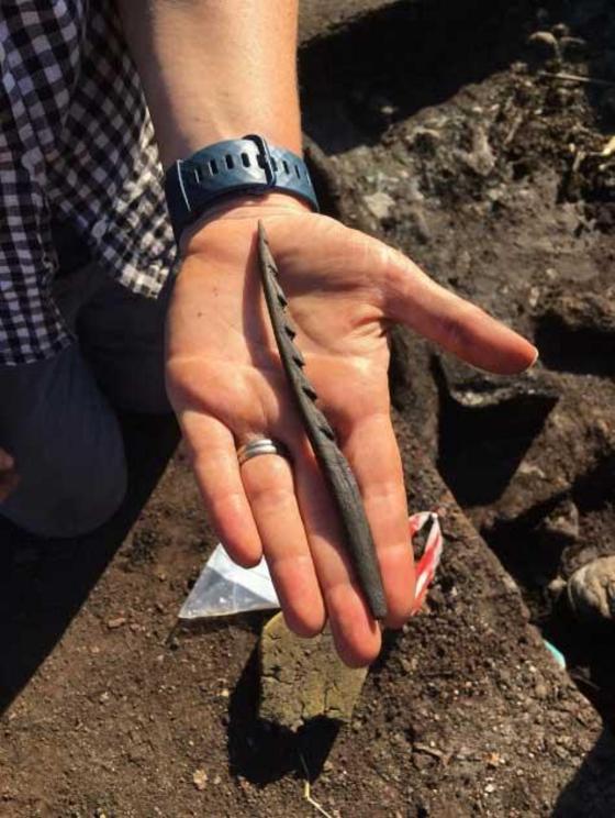 A barbed antler point unearthed at the hunter-gatherer site in Scarborough.