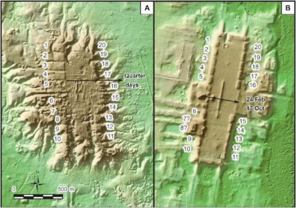 Lidar-based images of two sites with similar spatial plans, each with 20 edge platforms. (A) San Lorenzo. (B) Aguada Fénix. The sites align with celestial objects using the Maya 260 day calendar.